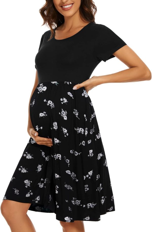 Women's Short Sleeve Maternity Dress Patchwork Pregnancy Clothes with Pockets