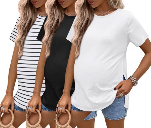 3-Pack Maternity Tops: Short Sleeve, Side Slit Pregnancy Tees – Casual, Loose-Fit Maternity Blouses