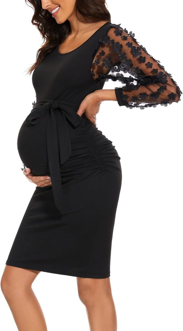 Floral Mesh  Long Sleeve Maternity Midi Dress, Fall Maternity Bodycon Dress for Baby Shower/Photoshoot