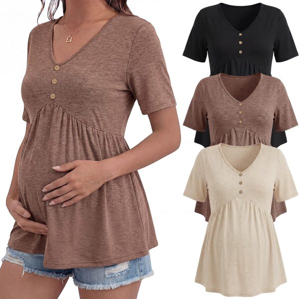 3-Pack Women's Maternity Tops: Short Sleeve Pregnancy Blouses – 2026 Summer Casual V-Neck Flowy Maternity Shirts
