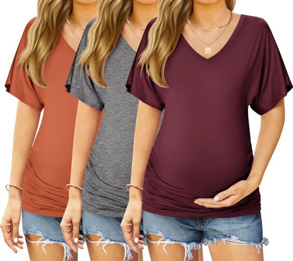 3-Pack Maternity Tops: V-Neck, Batwing Sleeves, Side Ruched Design – Longline Pregnancy Shirts