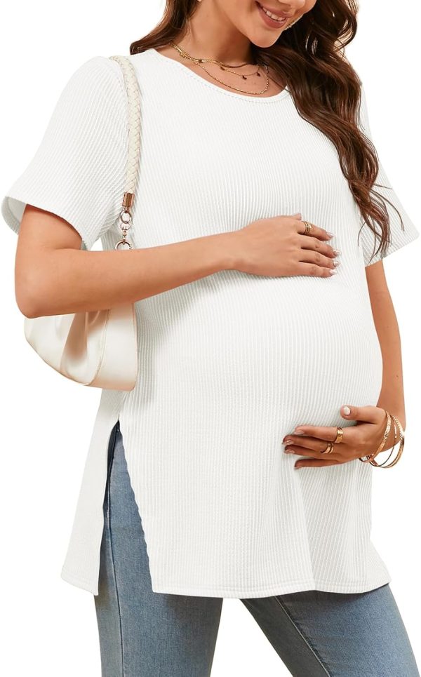 Women's Maternity T-Shirt: Summer Rib-Knit Short Sleeve Longline Top – Textured Fabric with Side Slits – Pregnancy Apparel