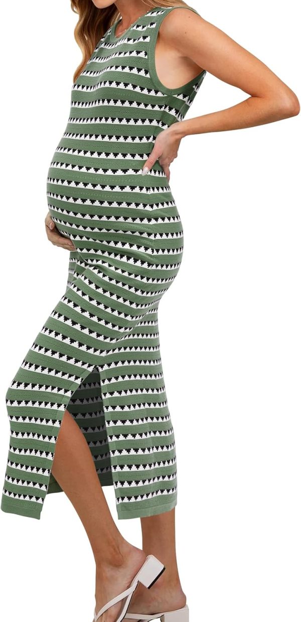 Women's 2026 Summer Maternity Dress Knit Sleeveless Crewneck Midi Dress Side Slit Striped Bodycon Sweater Dress