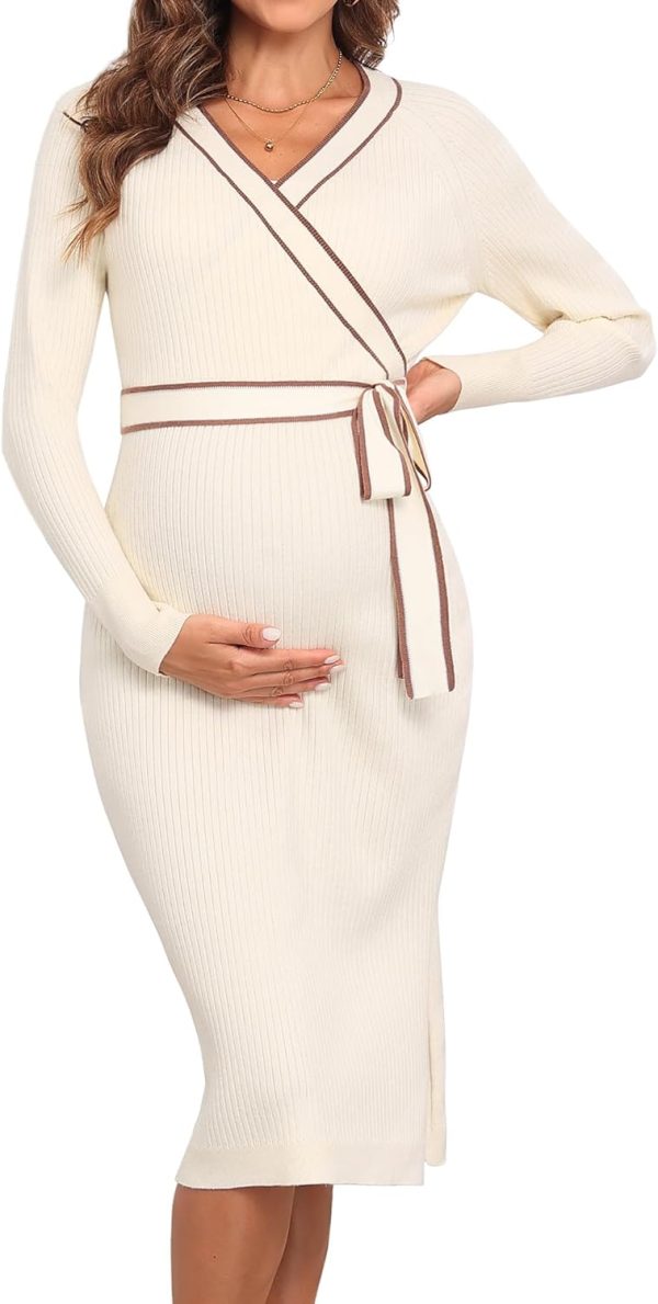 Maternity Sweater Dress Long Sleeve Wrap V Neck Knit Pregnancy Dresses for Baby Shower Photoshoot Outfits