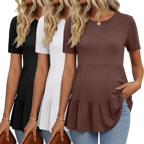 Women's Maternity Tops 3-Pack: Short Sleeves with Ruffled Hem – Babydoll Style Casual Pregnancy Tops