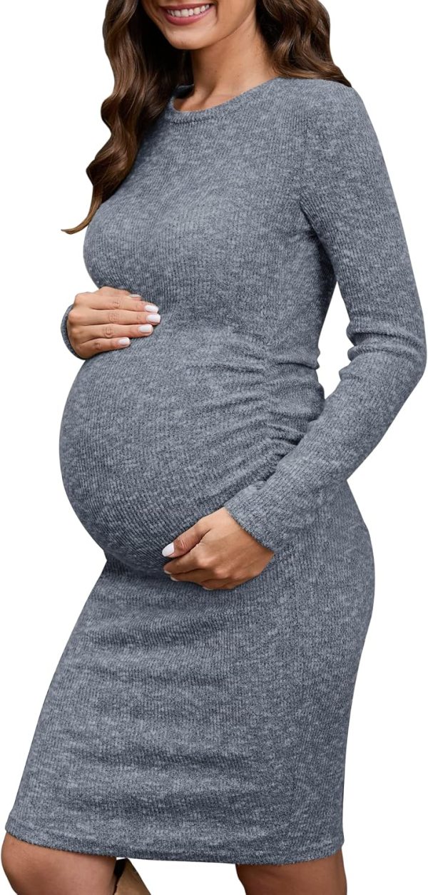 Side Ruch Knit Ribbed Maternity Bodycon Dress/Knee-Length Dress with Long Sleeve Fall Casual
